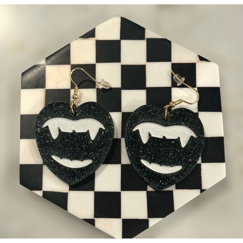 Vampire Whimsigoth Heart Earrings Glitter Black Fangs Halloween Goth Emo Kawaii